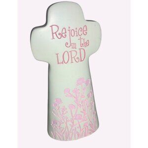 Religious Cross w/ Floral Pink Design and Inspirational Text Rejoice In The Lord